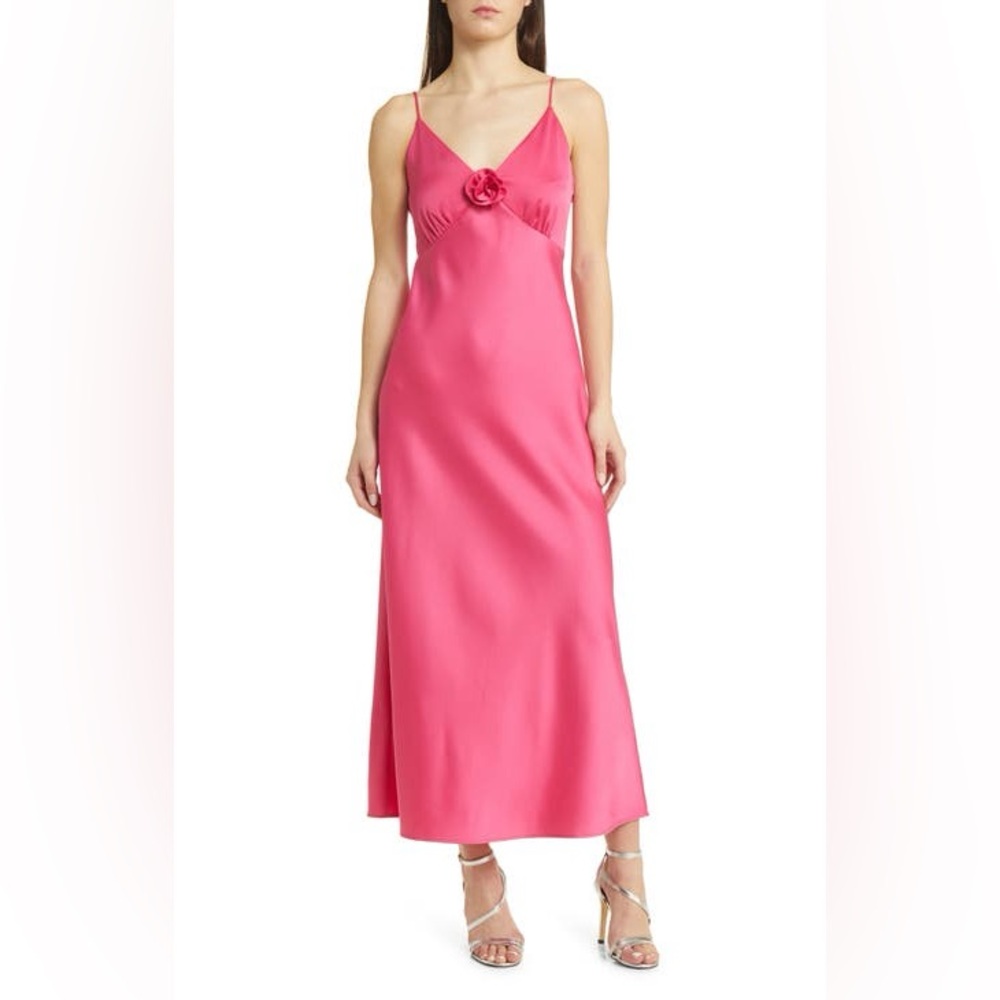 Charles Henry ROSETTE EMPIRE WAIST SATIN SLIPDRESS IN PUNCH xs hot pink dress